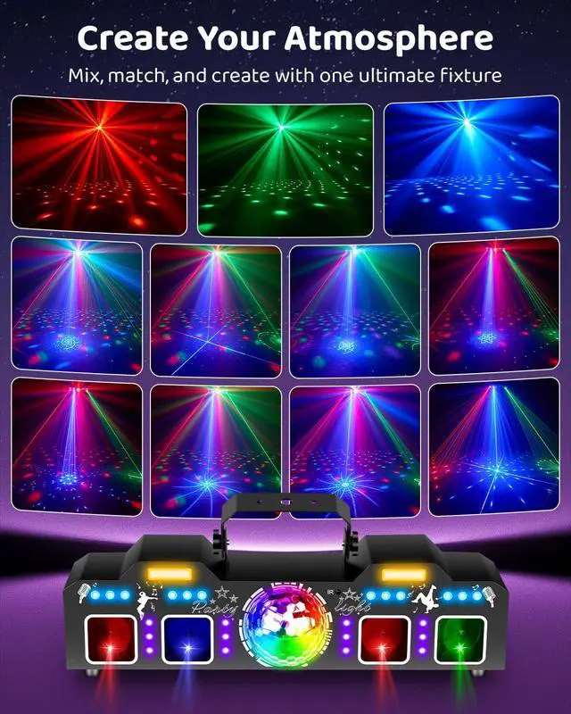 Alt view image 3 of 7 - DJ Lights with Stand, 7 in 1 DJ Light for Party, DMX & Sound Activated Laser Light Show, Disco Ball & UV Strobe Effect Stage Lights Package for Gig Bar Band Events Wedding Christmas