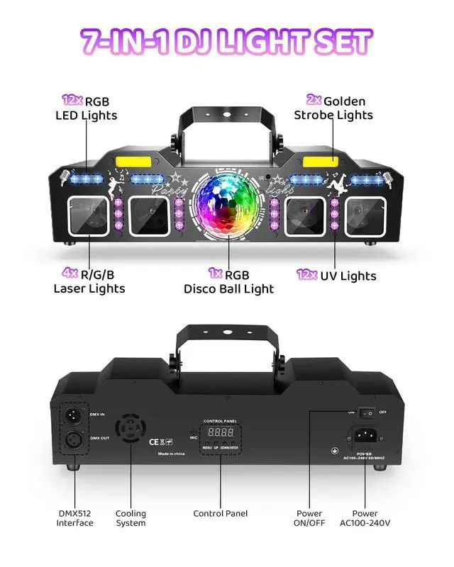 Alt view image 5 of 7 - DJ Lights with Stand, 7 in 1 DJ Light for Party, DMX & Sound Activated Laser Light Show, Disco Ball & UV Strobe Effect Stage Lights Package for Gig Bar Band Events Wedding Christmas