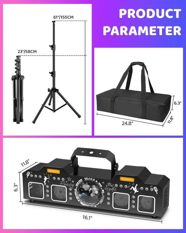Alt view image 6 of 7 - DJ Lights with Stand, 7 in 1 DJ Light for Party, DMX & Sound Activated Laser Light Show, Disco Ball & UV Strobe Effect Stage Lights Package for Gig Bar Band Events Wedding Christmas