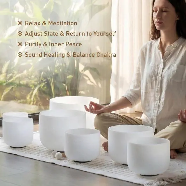 Alt view image 3 of 6 - Crystal Singing Bowl Frosted 432HZ Set Of 7 PCS 6-12 Inch White | Chakra Quartz Sound Bowls for Sound Healing Meditation & Yoga with 2 PCS Travel Carry Case Bag and Mallets
