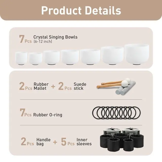 Alt view image 6 of 6 - Crystal Singing Bowl Frosted 432HZ Set Of 7 PCS 6-12 Inch White | Chakra Quartz Sound Bowls for Sound Healing Meditation & Yoga with 2 PCS Travel Carry Case Bag and Mallets