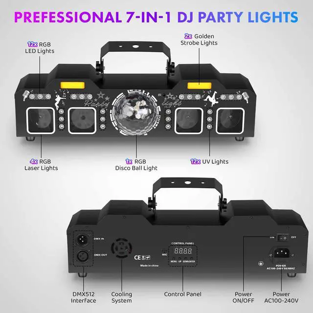 Alt view image 4 of 7 - DJ Light with Stand,7IN1 DJ Disco Party Light with Stand&Carry Bag RGB Par Lights,Rotating Ball,Strobe,UV Lighting by DMX Sound Activated Remote Control for Parties Gig Bar Stage