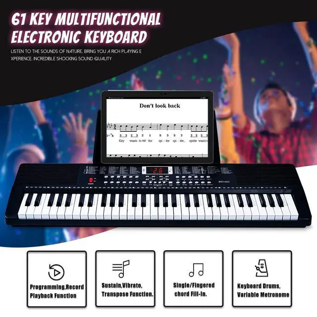 Alt view image 3 of 7 - 61 Key Keyboard Piano for Beginners with Lighted Keys & Pro Teaching Modes,Includes Stand, Bench, Microphone, Music Stand,70 Demos, 200 Rhythms/Tones, Gift for Beginners