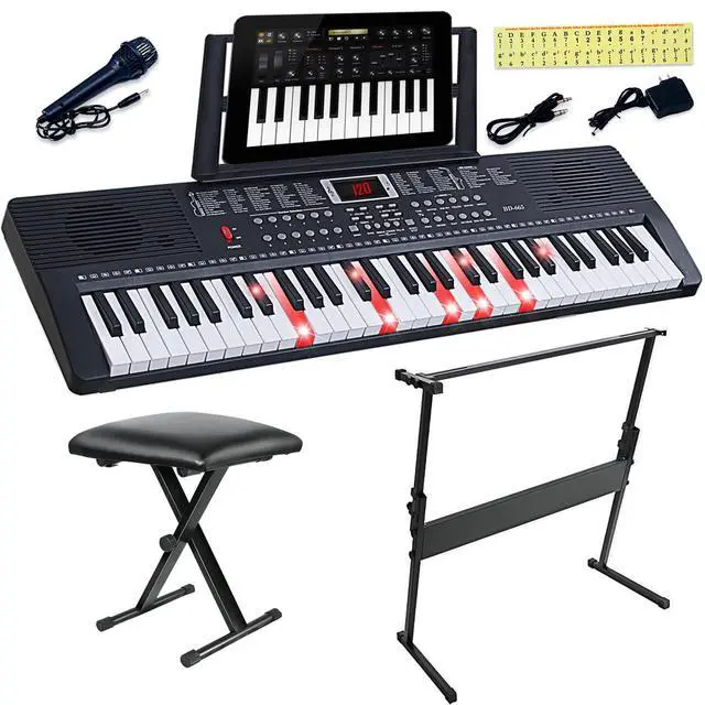 Alt view image 7 of 7 - 61 Key Keyboard Piano for Beginners with Lighted Keys & Pro Teaching Modes,Includes Stand, Bench, Microphone, Music Stand,70 Demos, 200 Rhythms/Tones, Gift for Beginners