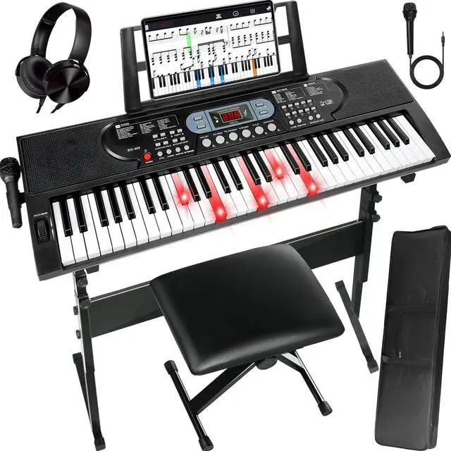 Main image of 61-Key Electric Keyboard Piano with Lighted Keys, Gifts, Premium Bundle: Stand, Bench, Mic,Headphones, Music Stand, Stickers, 70 Demos 200 Tones/Rhythms, Beginners/Adults