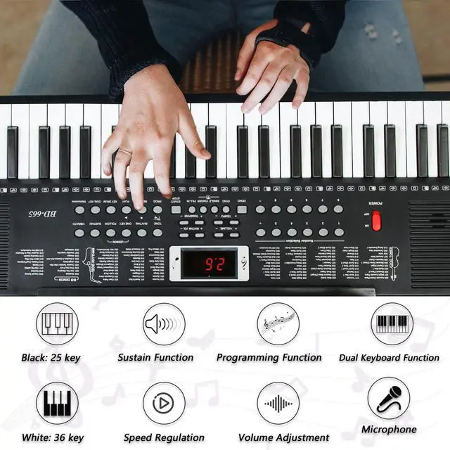Alt view image 5 of 7 - 61 Key Keyboard Piano for Beginners with Lighted Keys & Pro Teaching Modes,Includes Stand, Bench, Microphone, Music Stand,70 Demos, 200 Rhythms/Tones, Gift for Beginners