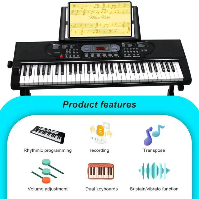 Alt view image 2 of 7 - 61-Key Electric Keyboard Piano with Lighted Keys, Gifts, Premium Bundle: Stand, Bench, Mic,Headphones, Music Stand, Stickers, 70 Demos 200 Tones/Rhythms, Beginners/Adults