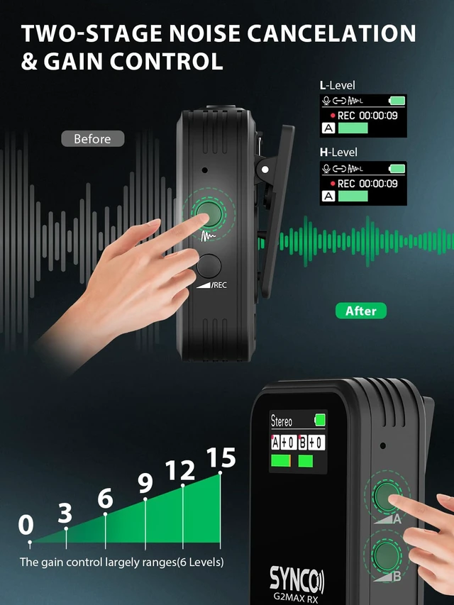 Alt view image 5 of 7 - G2A1 MAX Wireless Lavalier Microphone, 2TX+1RX, 8GB Recording 24H Audio Backup, 656ft/200m Transmission, TFT Displays, Noise Reduction, Gain Control, Real-Time Monitoring