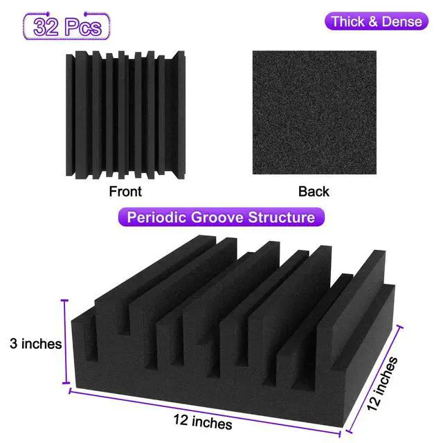 Alt view image 2 of 6 - Thick Acoustic Foam Panels, 12 X 12 X 3 Inch 32 Pcs Broadband Sound Absorbing Foam, Dense Soundproof Padding Tile, Recording Studio Foam Absorber, Groove Decorative 3D Wall Ceiling Panel
