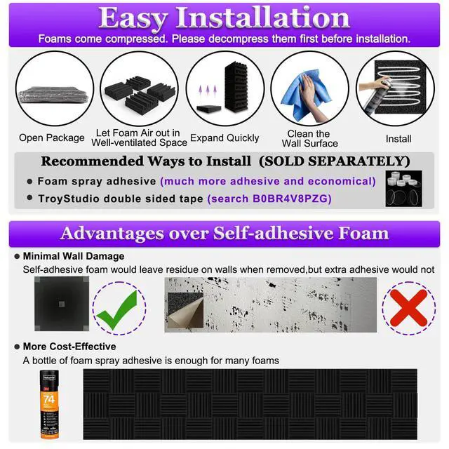 Alt view image 6 of 6 - Thick Acoustic Foam Panels, 12 X 12 X 3 Inch 32 Pcs Broadband Sound Absorbing Foam, Dense Soundproof Padding Tile, Recording Studio Foam Absorber, Groove Decorative 3D Wall Ceiling Panel