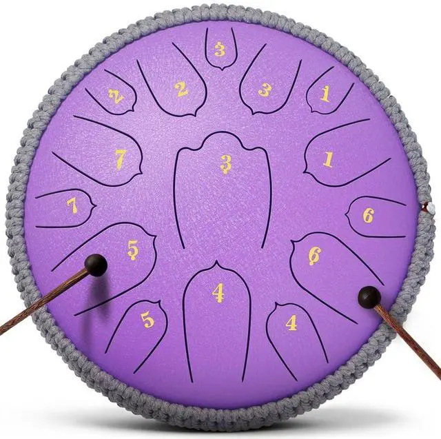 Main image of Steel Tongue Drum, Rain Drum,Zen Drum,12 Inch 15 Notes D Major Percussion Instrument with Soft Bag, Mallets & Music Book, Zen Garden Decor for Meditation, Yoga & Sound Healing (Purple)