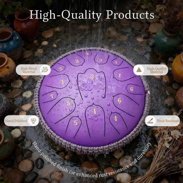 Alt view image 2 of 6 - Steel Tongue Drum, Rain Drum,Zen Drum,12 Inch 15 Notes D Major Percussion Instrument with Soft Bag, Mallets & Music Book, Zen Garden Decor for Meditation, Yoga & Sound Healing (Purple)