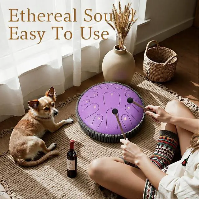 Alt view image 4 of 6 - Steel Tongue Drum, Rain Drum,Zen Drum,12 Inch 15 Notes D Major Percussion Instrument with Soft Bag, Mallets & Music Book, Zen Garden Decor for Meditation, Yoga & Sound Healing (Purple)