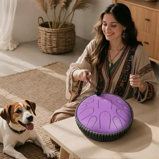 Alt view image 3 of 6 - Steel Tongue Drum, Rain Drum,Zen Drum,12 Inch 15 Notes D Major Percussion Instrument with Soft Bag, Mallets & Music Book, Zen Garden Decor for Meditation, Yoga & Sound Healing (Purple)