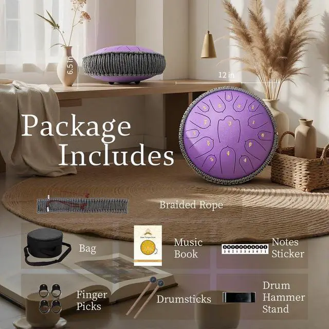 Alt view image 6 of 6 - Steel Tongue Drum, Rain Drum,Zen Drum,12 Inch 15 Notes D Major Percussion Instrument with Soft Bag, Mallets & Music Book, Zen Garden Decor for Meditation, Yoga & Sound Healing (Purple)