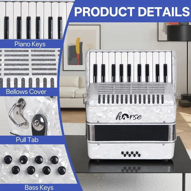 Alt view image 3 of 7 - Accordion, 22 Keys 8 Bass Piano Accordion Acordeones Para Adultos, Acordeón De Adulto Azul for Beginners Adults, Educational Musical Instrument Sweet Sound with Straps and Padded Bag (White)