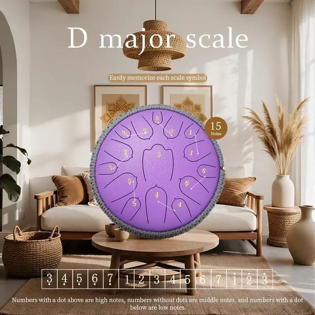 Alt view image 5 of 6 - Steel Tongue Drum, Rain Drum,Zen Drum,12 Inch 15 Notes D Major Percussion Instrument with Soft Bag, Mallets & Music Book, Zen Garden Decor for Meditation, Yoga & Sound Healing (Purple)