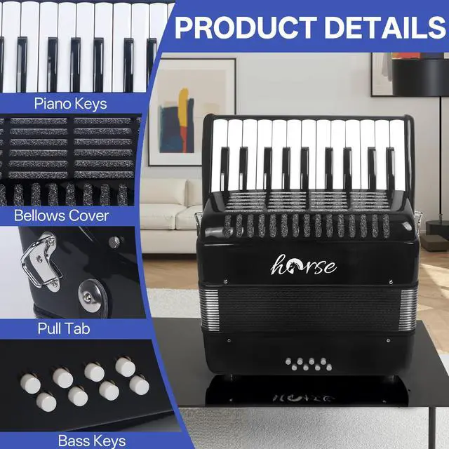 Alt view image 3 of 7 - Accordion, 22 Keys 8 Bass Piano Accordion Acordeones Para Adultos, Acordeón De Adulto Azul for Beginners Adults, Educational Musical Instrument Sweet Sound with Straps and Padded Bag (Black)