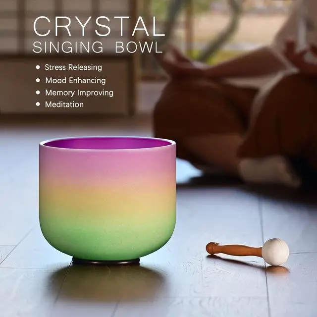 Alt view image 4 of 6 - 440HZ 8 Inch Rainbow Colored B Note Crown Chakra Frosted Quartz Crystal Singing Bowl for Sound Healing and Meditation
