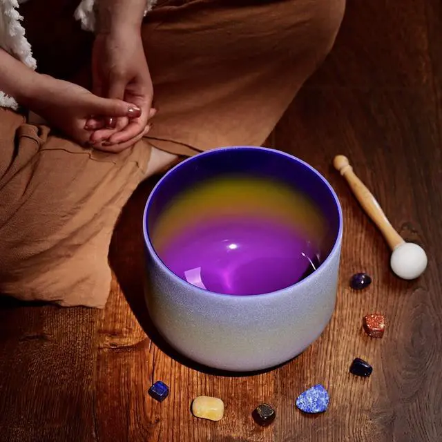 Alt view image 2 of 6 - 440HZ 8 Inch Rainbow Colored A Note Third-Eye Chakra Frosted Quartz Crystal Singing Bowl for Sound Healing and Meditation