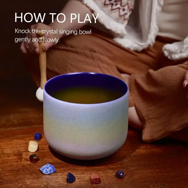 Alt view image 4 of 6 - 440HZ 8 Inch Rainbow Colored A Note Third-Eye Chakra Frosted Quartz Crystal Singing Bowl for Sound Healing and Meditation