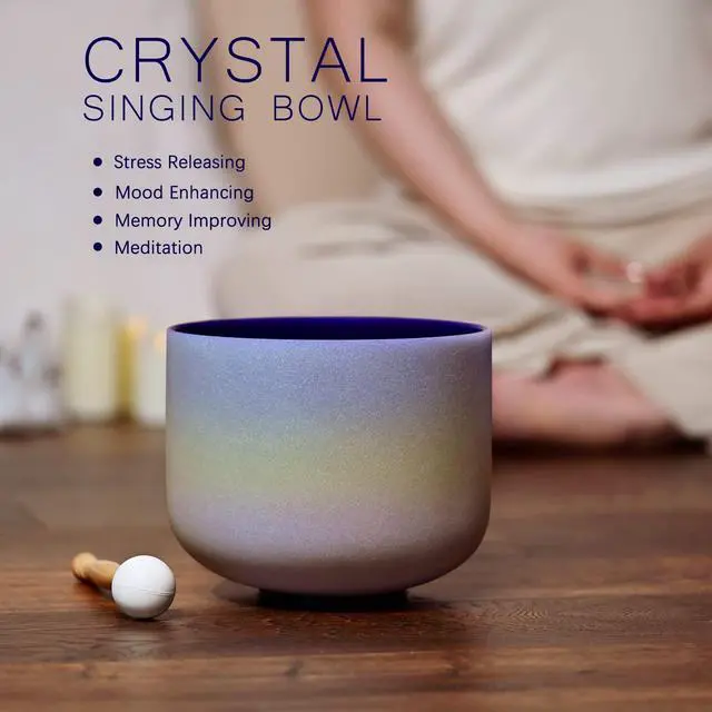 Alt view image 3 of 6 - 440HZ 8 Inch Rainbow Colored A Note Third-Eye Chakra Frosted Quartz Crystal Singing Bowl for Sound Healing and Meditation