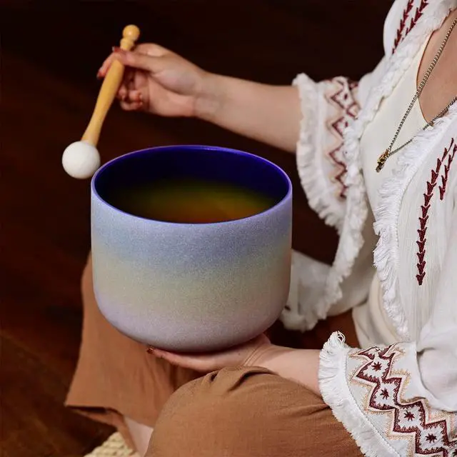 Alt view image 5 of 6 - 440HZ 8 Inch Rainbow Colored A Note Third-Eye Chakra Frosted Quartz Crystal Singing Bowl for Sound Healing and Meditation