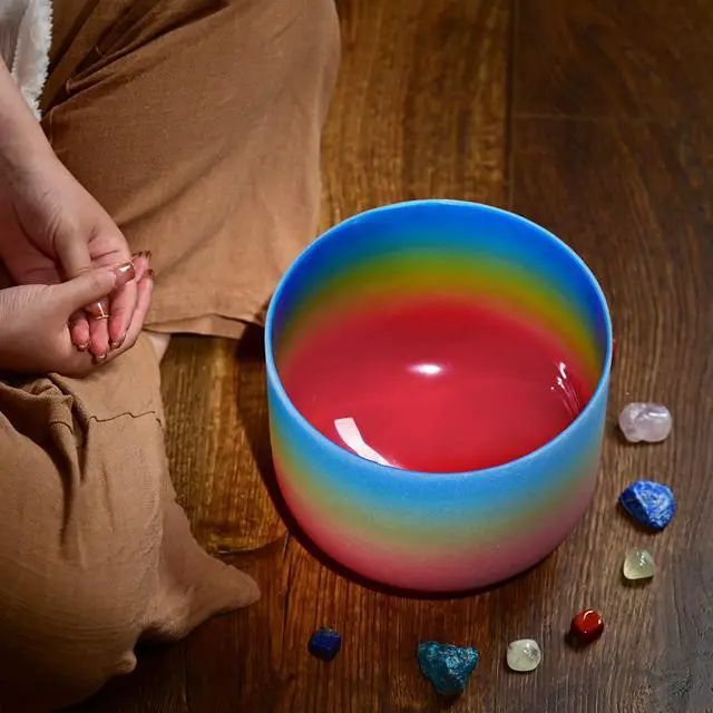 Alt view image 3 of 6 - 440HZ 8 Inch Rainbow Colored G Note Throat Chakra Frosted Quartz Crystal Singing Bowl for Sound Healing and Meditation