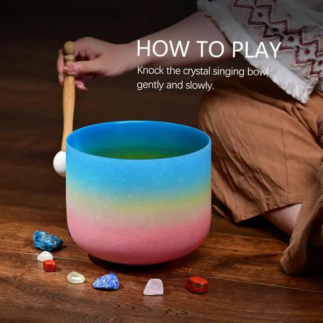 Alt view image 4 of 6 - 440HZ 8 Inch Rainbow Colored G Note Throat Chakra Frosted Quartz Crystal Singing Bowl for Sound Healing and Meditation