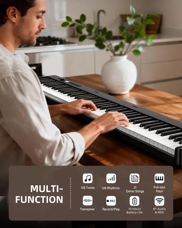 Alt view image 3 of 7 - Portable 88 Keys Electric Piano Keyboard, Foldable Digital Piano with Full Size Semi-Weighted Velocity Keys, Wood Grain, Learning Mode, LCD Screen, Bluetooth USB Midi, for Beginners Home Travel