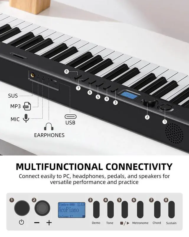 Alt view image 5 of 7 - Portable 88 Keys Electric Piano Keyboard, Foldable Digital Piano with Full Size Semi-Weighted Velocity Keys, Wood Grain, Learning Mode, LCD Screen, Bluetooth USB Midi, for Beginners Home Travel