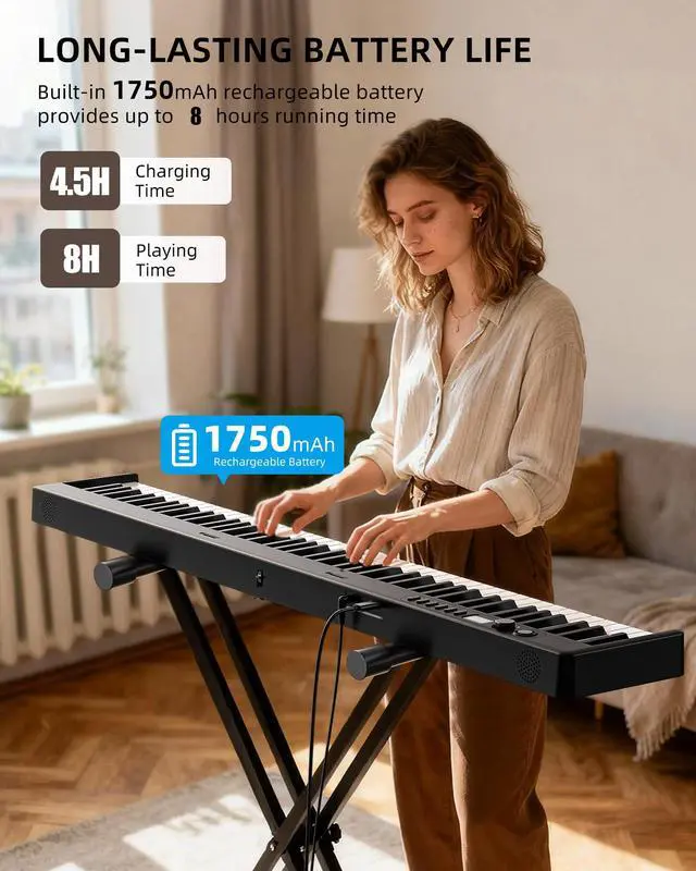 Alt view image 6 of 7 - Portable 88 Keys Electric Piano Keyboard, Foldable Digital Piano with Full Size Semi-Weighted Velocity Keys, Wood Grain, Learning Mode, LCD Screen, Bluetooth USB Midi, for Beginners Home Travel