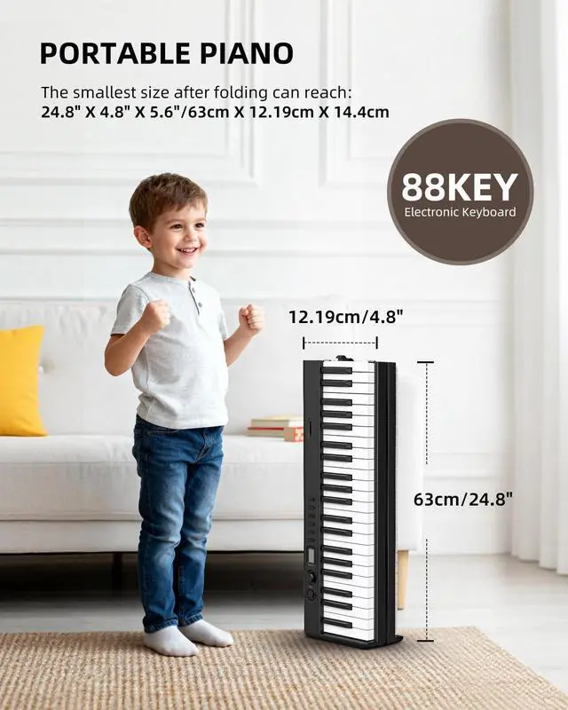 Alt view image 7 of 7 - Portable 88 Keys Electric Piano Keyboard, Foldable Digital Piano with Full Size Semi-Weighted Velocity Keys, Wood Grain, Learning Mode, LCD Screen, Bluetooth USB Midi, for Beginners Home Travel