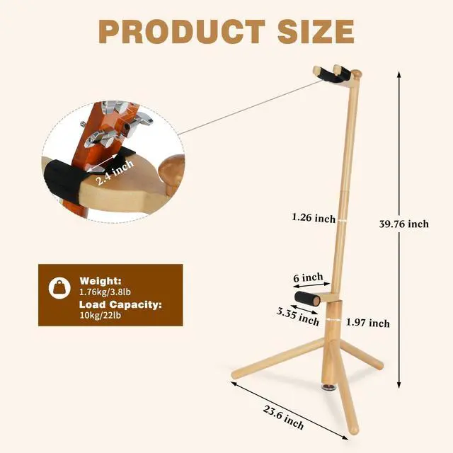 Alt view image 2 of 7 - Guitar Stand, Solid Wood Acoustic Guitar Stand Floor with Paddin | Acoustic Guitar Stand,Single Neck Support,Wood Color for Acoustic Guitar, Electric Guitar & Mandolin,Backrest