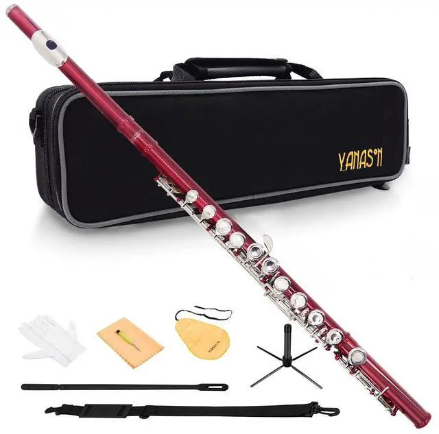 Main image of Red C Flute Closed Hole 16 Keys Flute Nickel-Plated for Beginner, Student and Professionals with Carrying case, Metal stand, Gloves, Tuning Rod, Cleaning kit(Red)