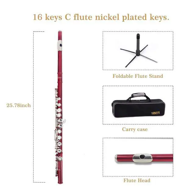Alt view image 2 of 5 - Red C Flute Closed Hole 16 Keys Flute Nickel-Plated for Beginner, Student and Professionals with Carrying case, Metal stand, Gloves, Tuning Rod, Cleaning kit(Red)