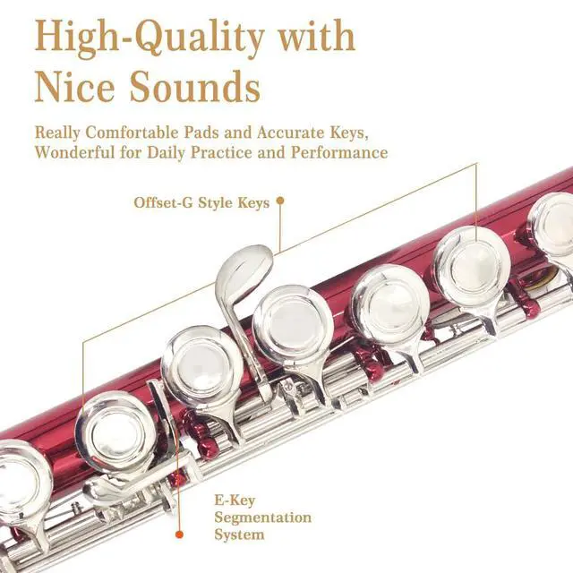 Alt view image 3 of 5 - Red C Flute Closed Hole 16 Keys Flute Nickel-Plated for Beginner, Student and Professionals with Carrying case, Metal stand, Gloves, Tuning Rod, Cleaning kit(Red)