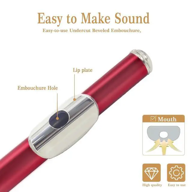 Alt view image 5 of 5 - Red C Flute Closed Hole 16 Keys Flute Nickel-Plated for Beginner, Student and Professionals with Carrying case, Metal stand, Gloves, Tuning Rod, Cleaning kit(Red)