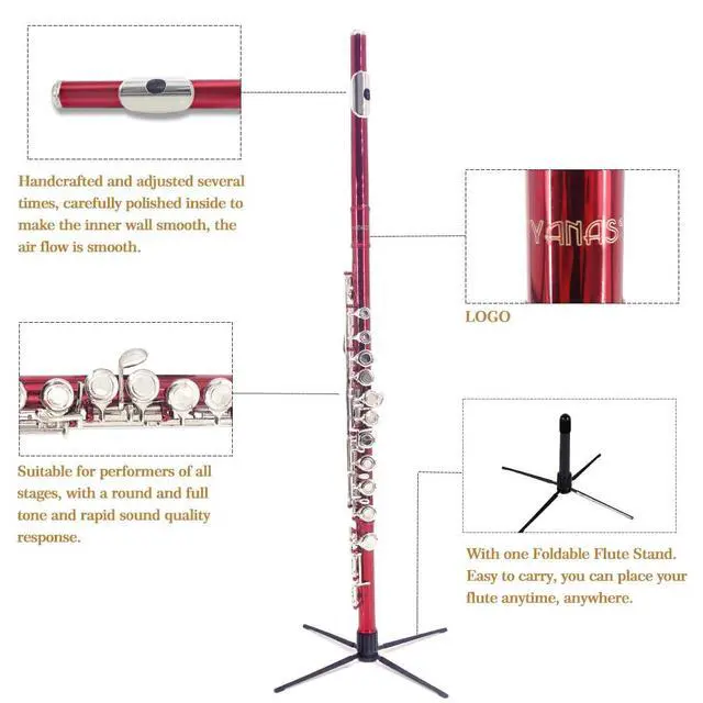 Alt view image 4 of 5 - Red C Flute Closed Hole 16 Keys Flute Nickel-Plated for Beginner, Student and Professionals with Carrying case, Metal stand, Gloves, Tuning Rod, Cleaning kit(Red)
