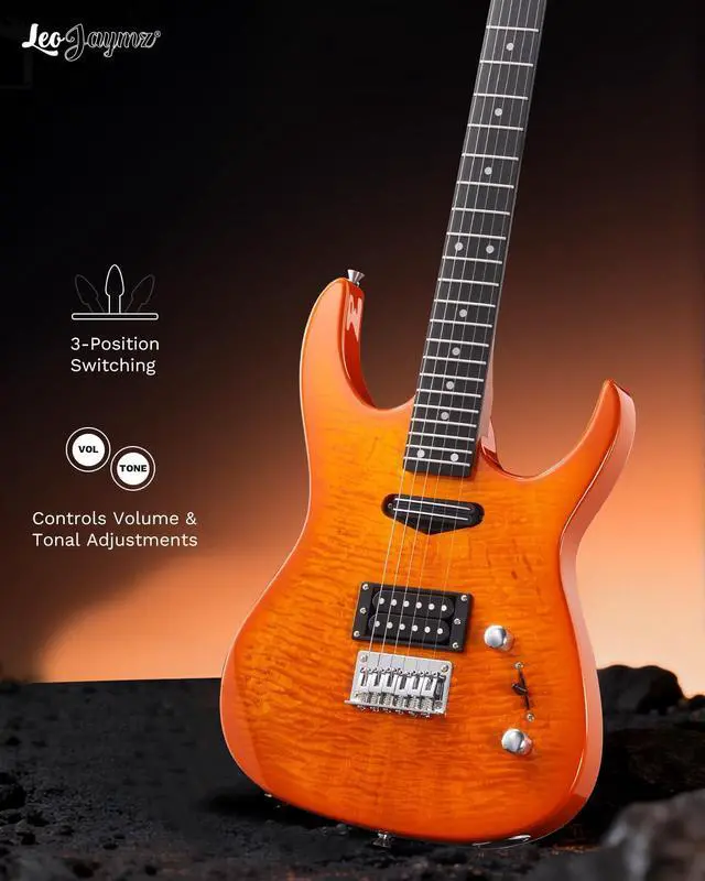 Alt view image 5 of 7 - Electric Guitar,Thunderstorm ST Style Solid Body Electric Guitar, Flamed Maple Top, Purple Fixed Bridge, Railway Pickup, 24 Frets,for Beginner Student&Adult (Sunburst Flame)