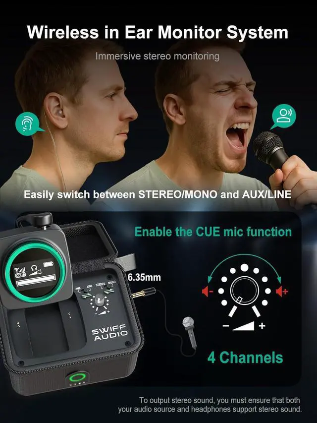 Alt view image 2 of 7 - WX520 Wireless in Ear Monitor System, 5.8GHz IEM System w/Stereo/Mono Switch, Built-in Cue Mic, LED Receiver & Charging Case Transmitter, 4 Channels, One-to-More for Studio, Bands, Live