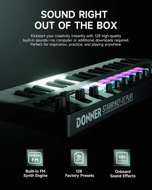 Alt view image 2 of 7 - STARRYKEY-37 PLAY MIDI Keyboard Controller, 37 Key Portable MIDI Controller with 128 Build-in Voices, 16 Drum Pads, Arpeggio, Sequencer, USB Wireless Connection, 4 DAW Software, 40 Courses