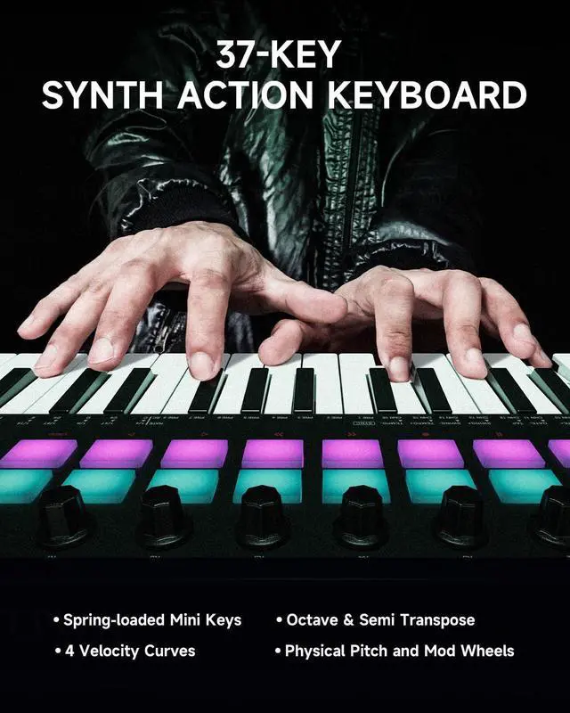 Alt view image 3 of 7 - STARRYKEY-37 PLAY MIDI Keyboard Controller, 37 Key Portable MIDI Controller with 128 Build-in Voices, 16 Drum Pads, Arpeggio, Sequencer, USB Wireless Connection, 4 DAW Software, 40 Courses