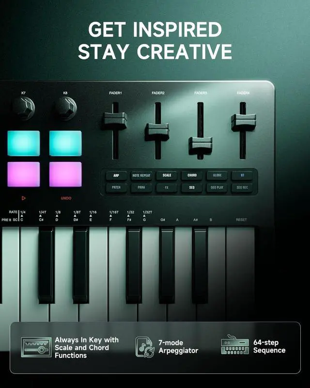 Alt view image 5 of 7 - STARRYKEY-37 PLAY MIDI Keyboard Controller, 37 Key Portable MIDI Controller with 128 Build-in Voices, 16 Drum Pads, Arpeggio, Sequencer, USB Wireless Connection, 4 DAW Software, 40 Courses