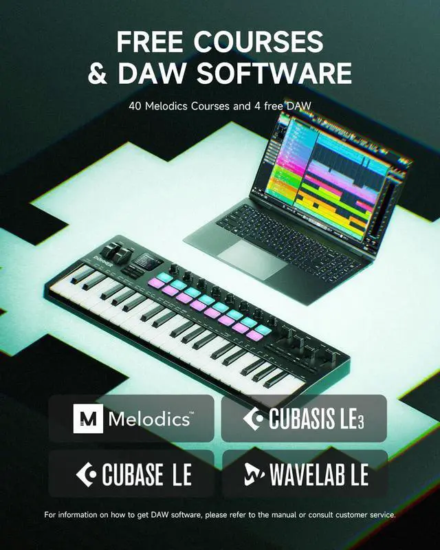 Alt view image 7 of 7 - STARRYKEY-37 PLAY MIDI Keyboard Controller, 37 Key Portable MIDI Controller with 128 Build-in Voices, 16 Drum Pads, Arpeggio, Sequencer, USB Wireless Connection, 4 DAW Software, 40 Courses
