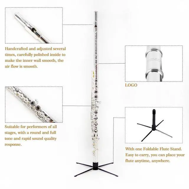 Alt view image 2 of 5 - YANASON C Flute Closed Hole 16 Keys Flute Silver-plated for Beginner, Kids, Student with Leather case, Metal stand, Gloves, Tuning Rod, Cleaning kit(16 Silver)