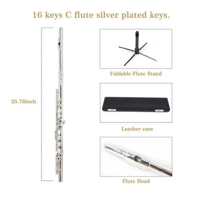 Alt view image 3 of 5 - YANASON C Flute Closed Hole 16 Keys Flute Silver-plated for Beginner, Kids, Student with Leather case, Metal stand, Gloves, Tuning Rod, Cleaning kit(16 Silver)