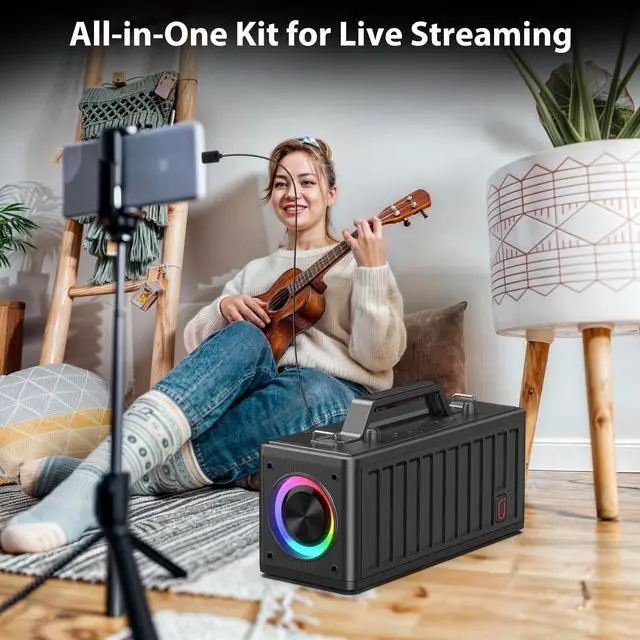 Alt view image 6 of 7 - Karaoke Machine for Adults with 2 Wireless MicrophonesPortable Bluetooth Speaker, PA System with LED Lights for Home Party, Birthday Gifts, Supports REC/FM/AUX/USB/TF Live Broadcast