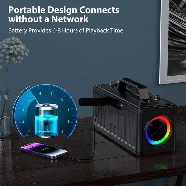 Alt view image 5 of 7 - Karaoke Machine for Adults with 2 Wireless MicrophonesPortable Bluetooth Speaker, PA System with LED Lights for Home Party, Birthday Gifts, Supports REC/FM/AUX/USB/TF Live Broadcast