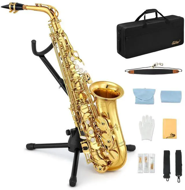Main image of Student Alto Saxophone E Flat for Beginner Sax Full Kit with Carrying Case, Mouthpiece, Straps, Reeds, Stand, Golden Lacquer, AS-